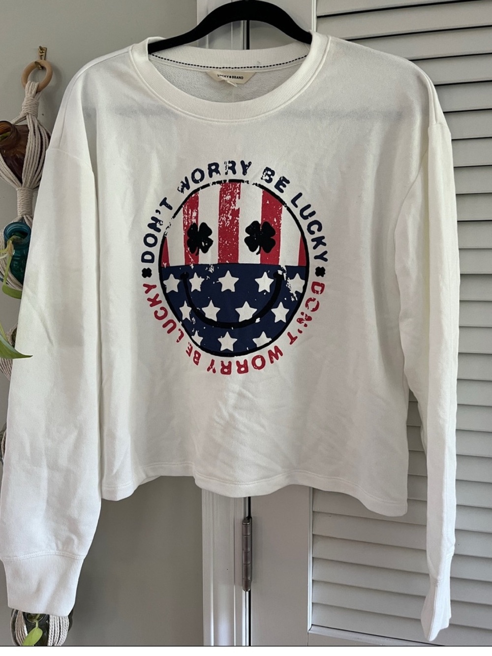 Lucky Brand White Sweatshirt with Patriotic Smiley Graphic